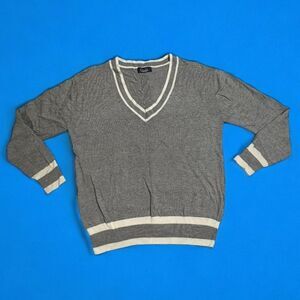 Zara Man Gray V-Neck Silk Blend Sweater with Cream White Trim Size XL
